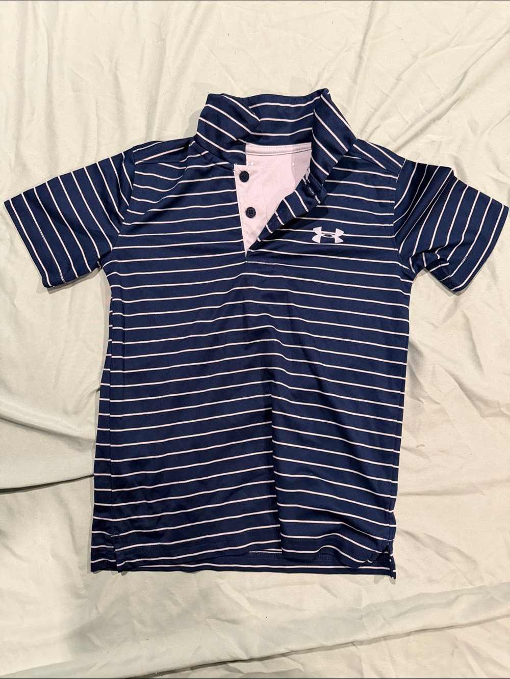 Under Armour Navy and White Striped Polo with Light Pink Placket
